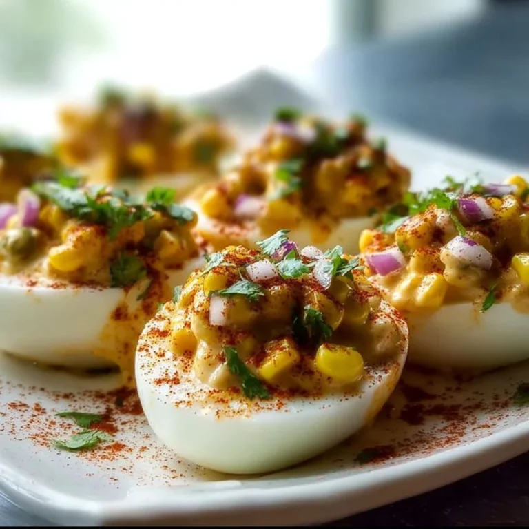 Mexican Elote Deviled Eggs garnished with spices and cilantro