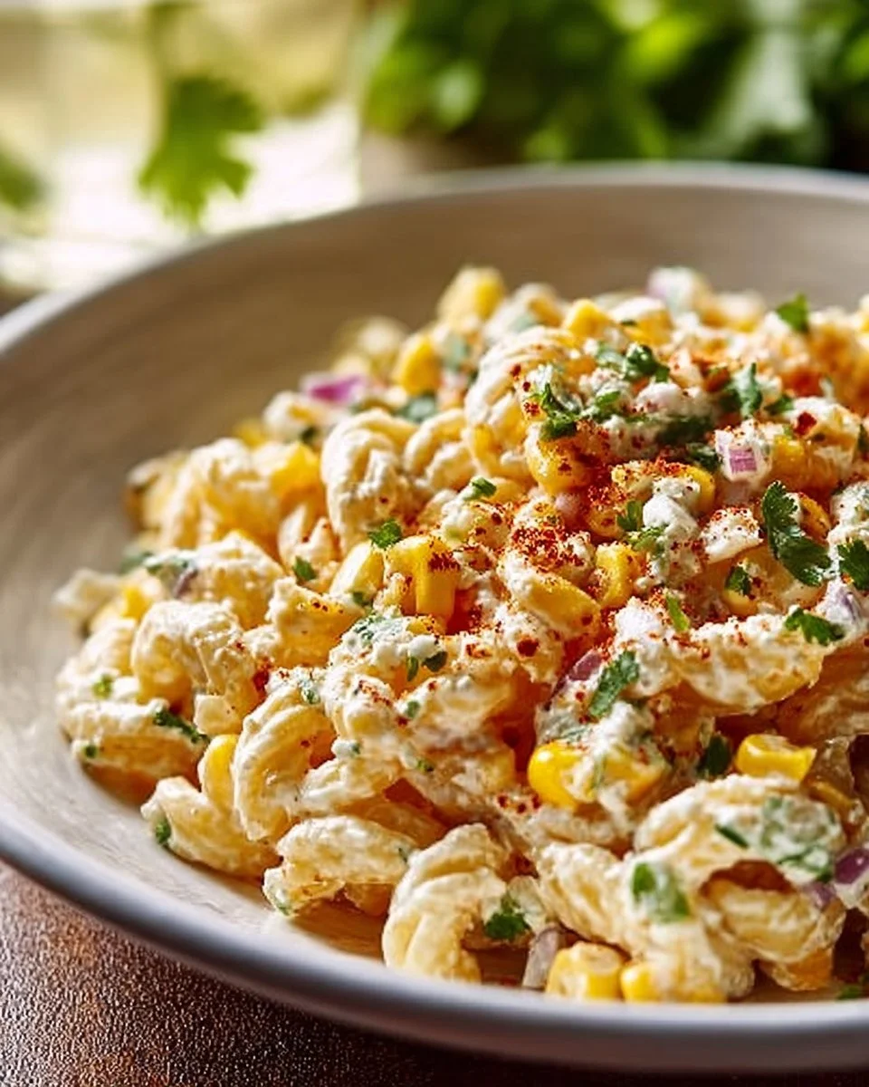 Bowl of colorful Mexican Street Corn Pasta Salad with fresh ingredients