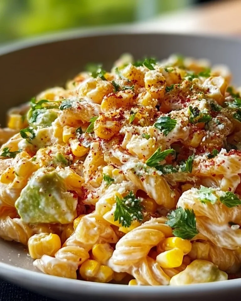 Mexican street corn pasta salad with colorful vegetables and dressing