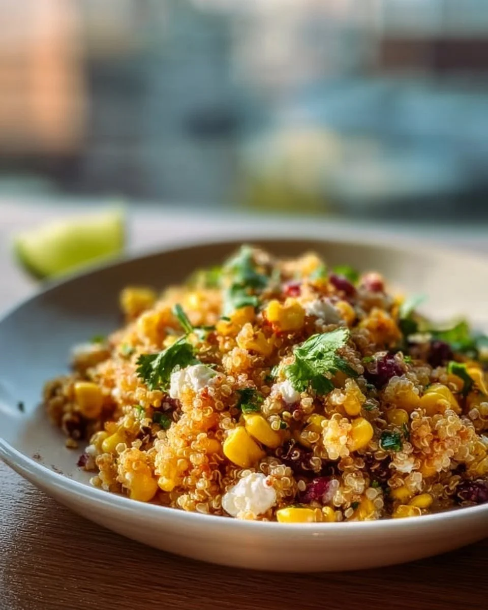 Colorful Mexican street corn quinoa salad with fresh ingredients.
