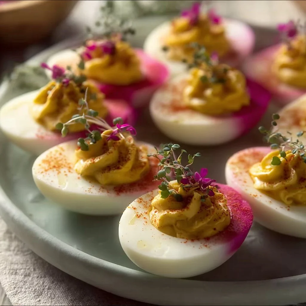 Plate of delicious Mimosa Eggs garnished with herbs and served for brunch
