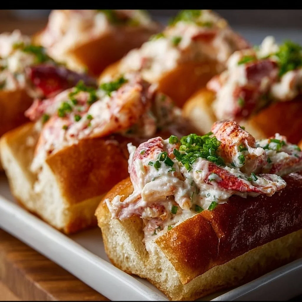 Mini lobster rolls served on a platter, garnished with herbs and lemon