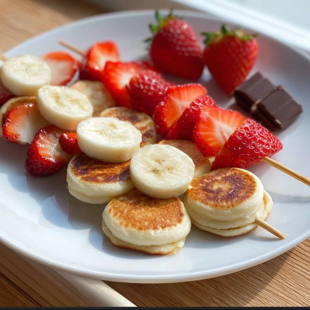 Mini pancake skewers topped with strawberries, banana, and chocolate sauce