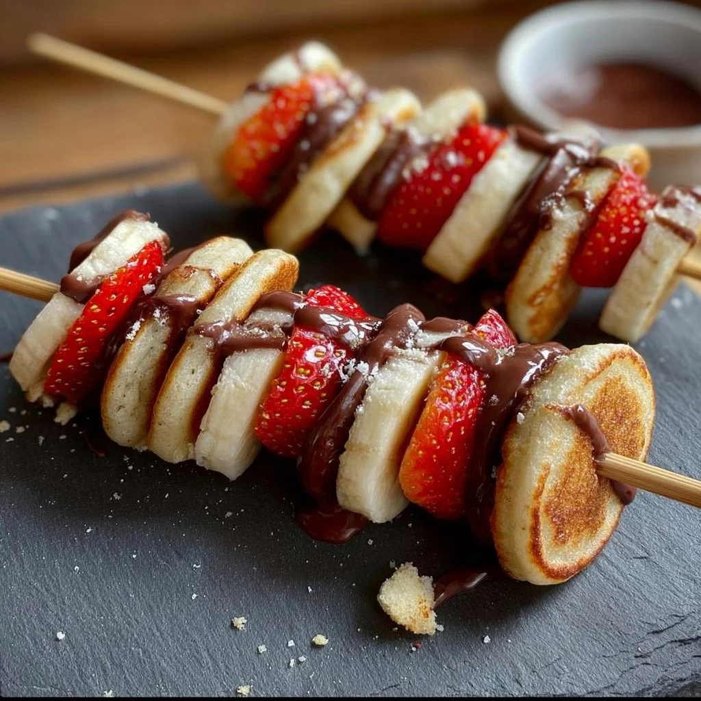 Mini Pancake Skewers with Strawberries, Banana, and Chocolate
