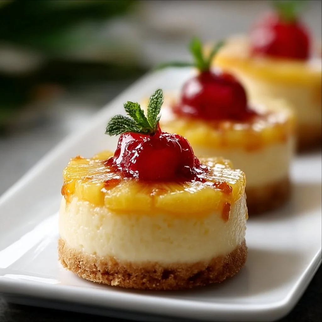 Mini Pineapple Upside-Down Cheesecakes topped with cherries and caramelized pineapple