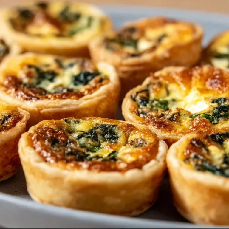 Delicious mini spinach feta quiches served on a rustic wooden table.