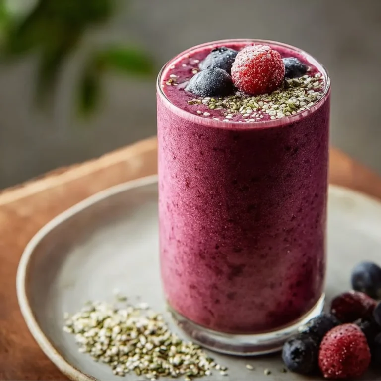 Mixed Berry and Hemp Seed Protein Smoothie in a glass with fresh berries.