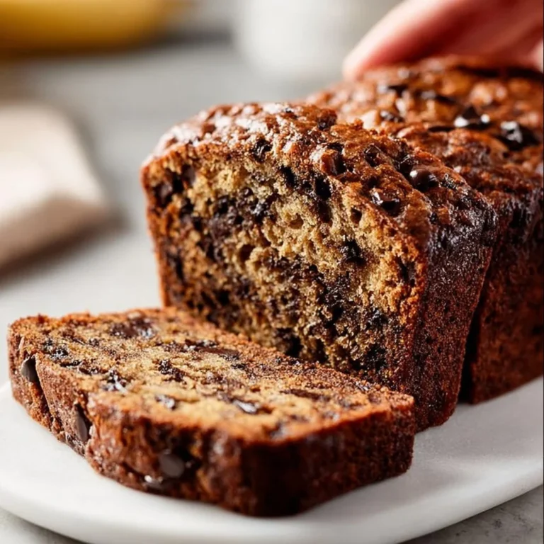 Moist chocolate chip banana bread slice with chocolate chips and bananas