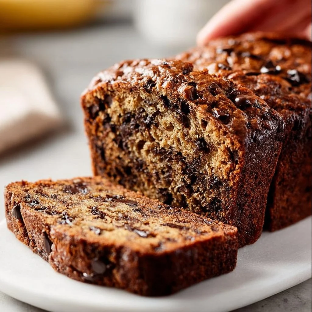 Moist chocolate chip banana bread slice with chocolate chips and bananas