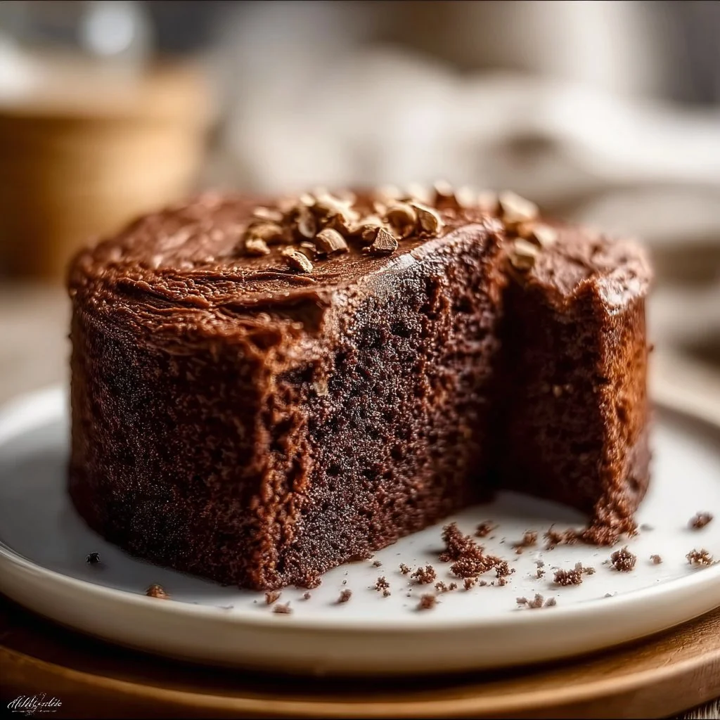 Moist chocolate coffee cake topped with rich chocolate glaze and coffee beans