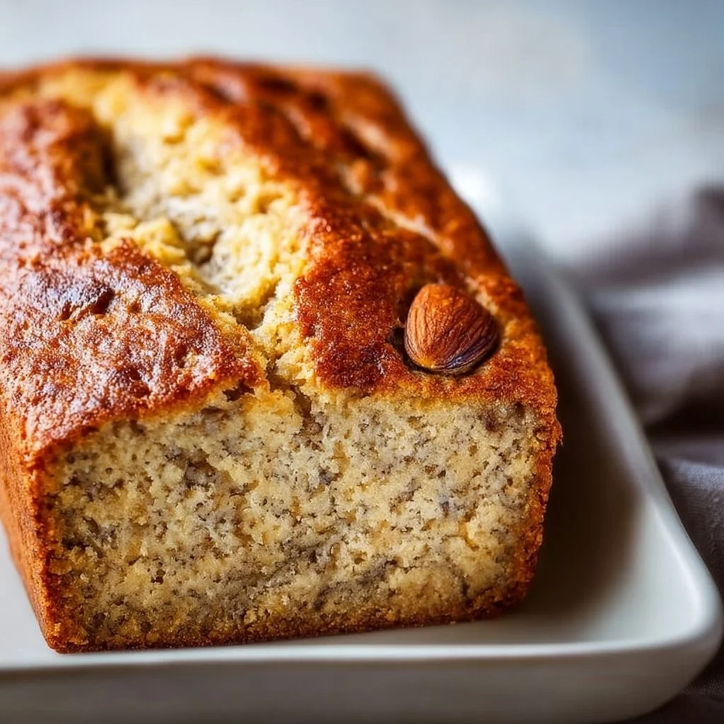 Nutty almond flour banana bread loaf with sliced pieces, showcasing its texture.