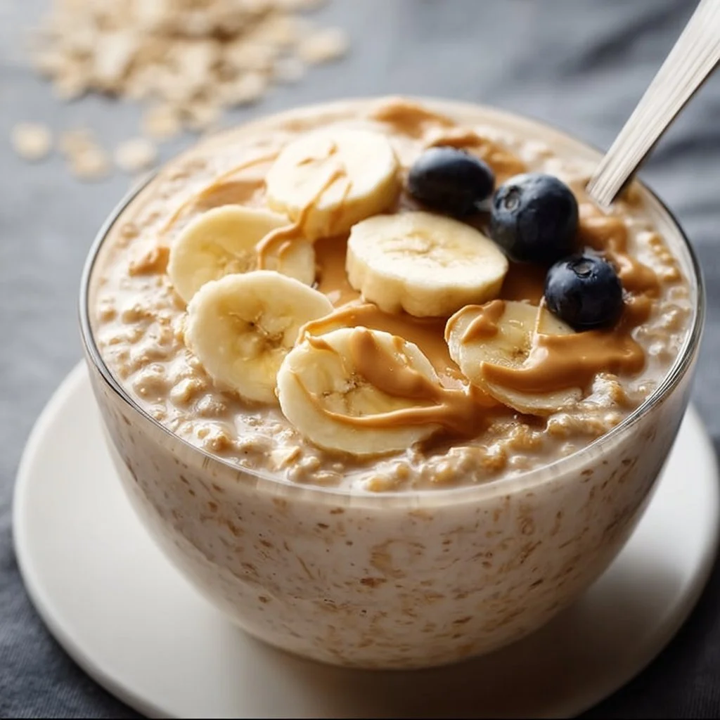 Delicious overnight peanut butter banana oats in a jar, ready to eat for breakfast.