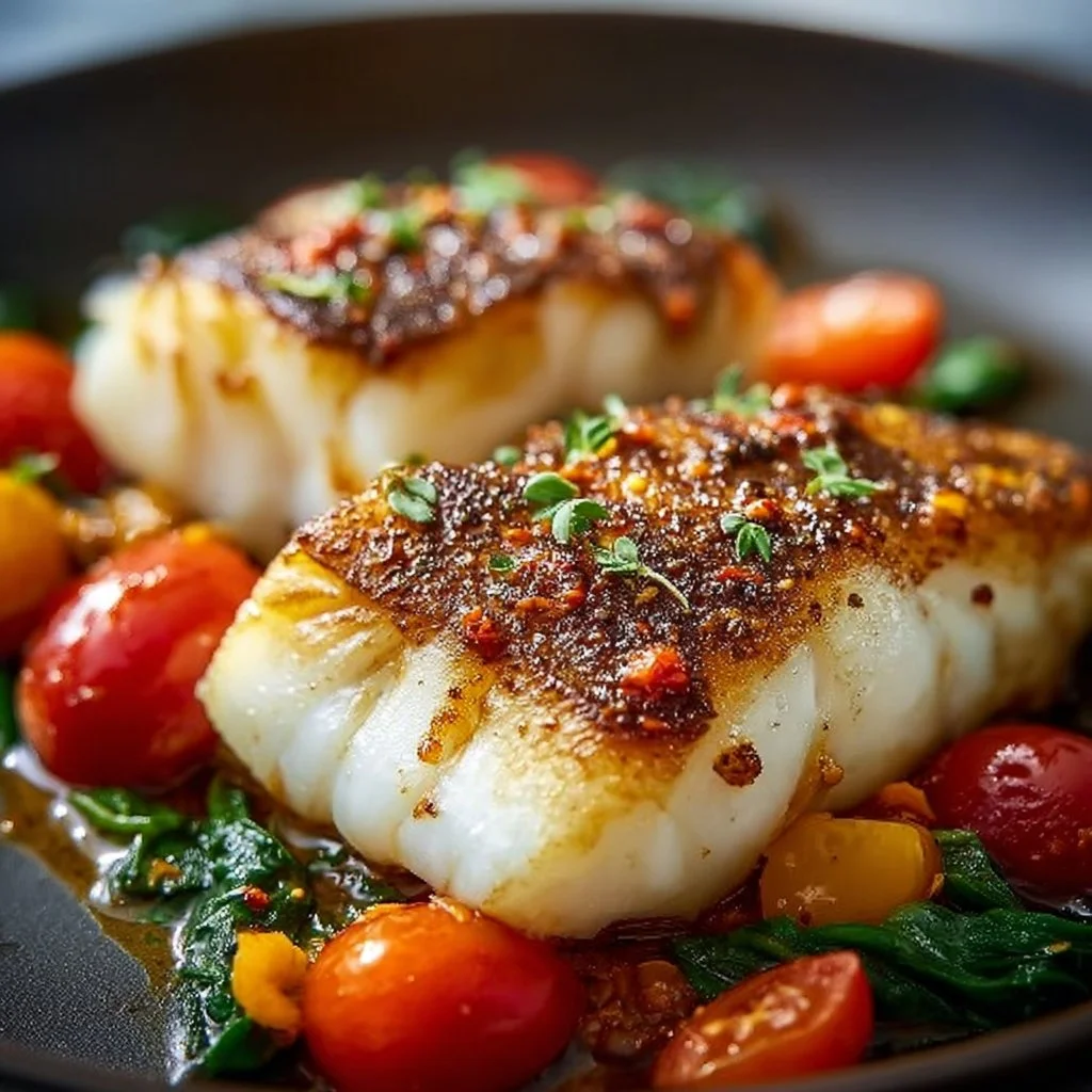 Delicious pan-seared cod fillet on a plate with herbs and lemon