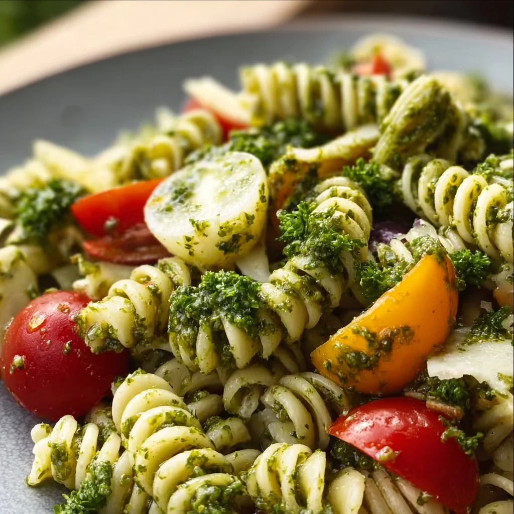 A vibrant Pasta Salad with Kale Pesto served in a beautiful bowl.