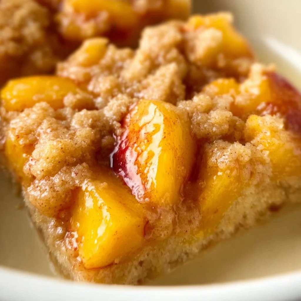 Delicious homemade Peach Crumb Bars with a golden crumb topping and fresh peach filling.