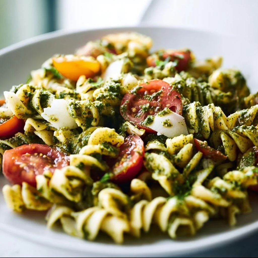 Bowl of colorful pesto pasta salad with fresh vegetables and herbs