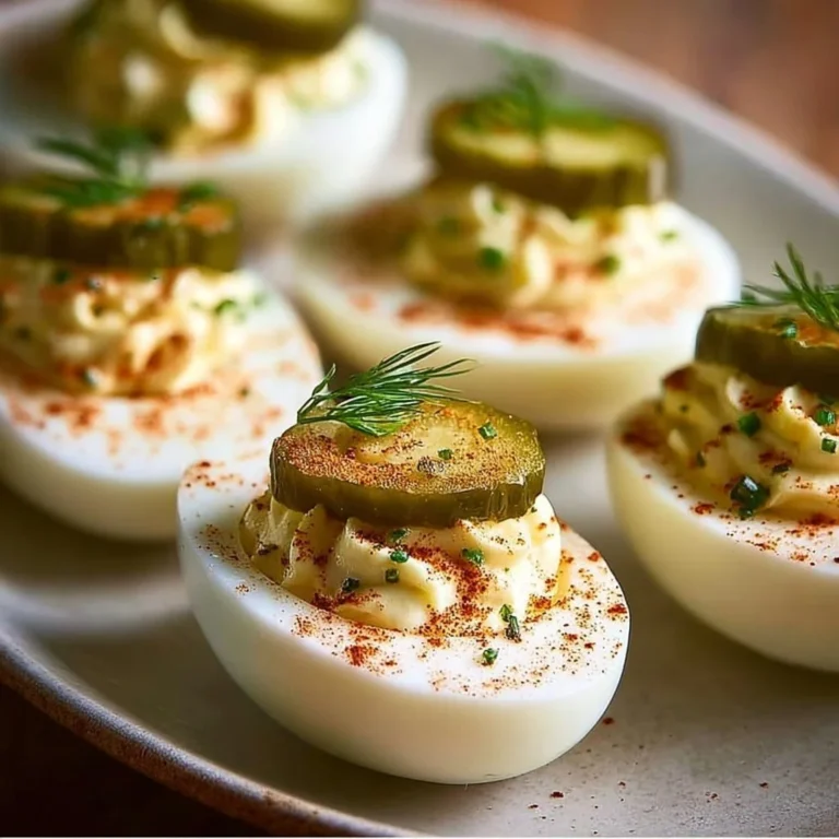 Delicious Pickle Lover Deviled Eggs garnished with pickles