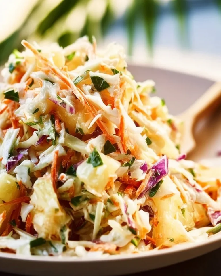 Delicious pineapple coleslaw in a bowl with fresh ingredients