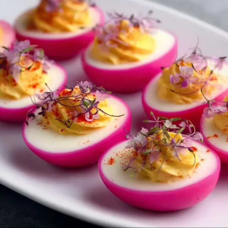 Vibrant pink deviled eggs garnished with fresh herbs on a platter.