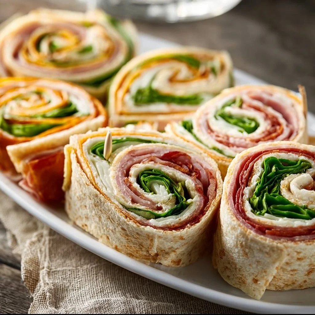 Colorful pinwheel sandwiches with various fillings displayed on a platter.