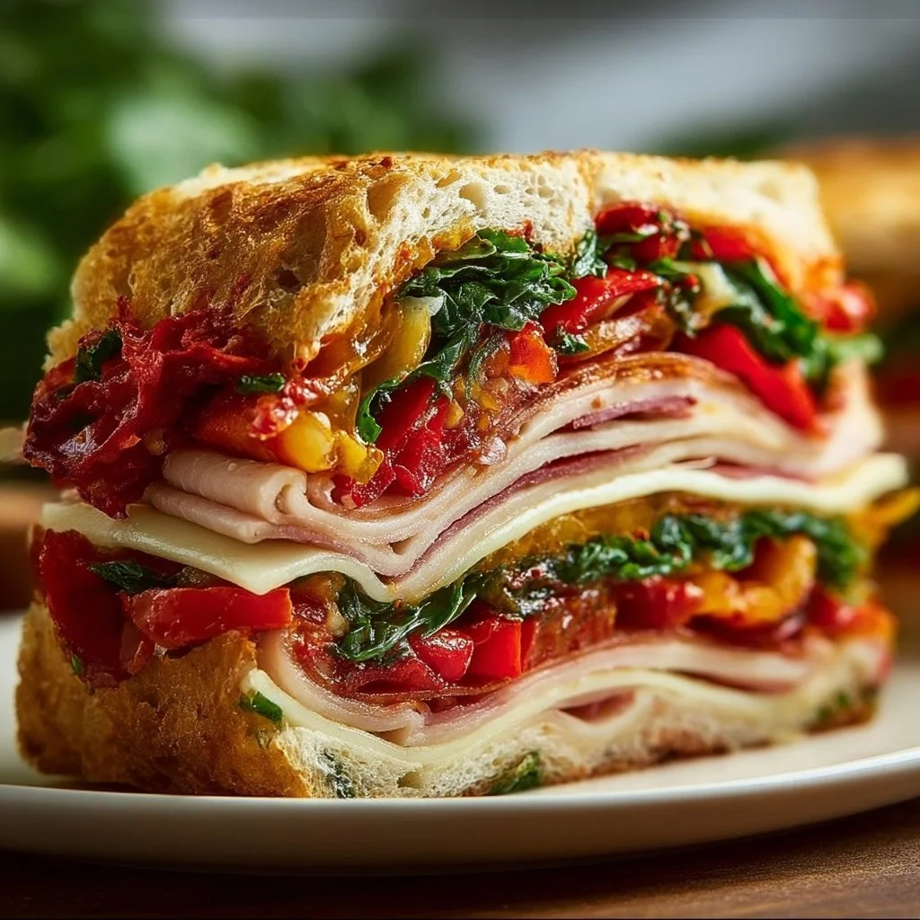 Pressed Italian Picnic Sandwich Loaf with layers of delicious Italian meats and cheeses