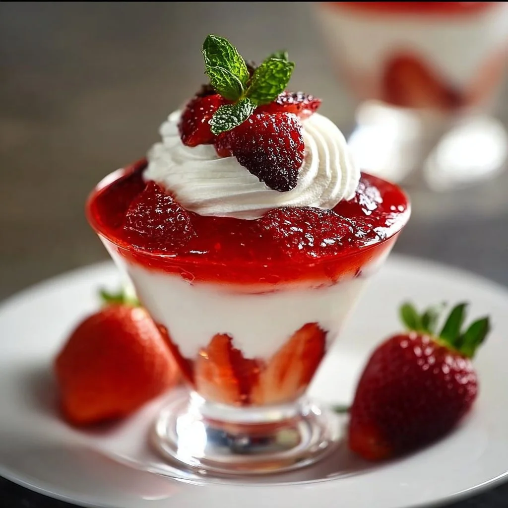 Pretty Jell-O Strawberry Parfait dessert with fresh strawberries and layers of cream