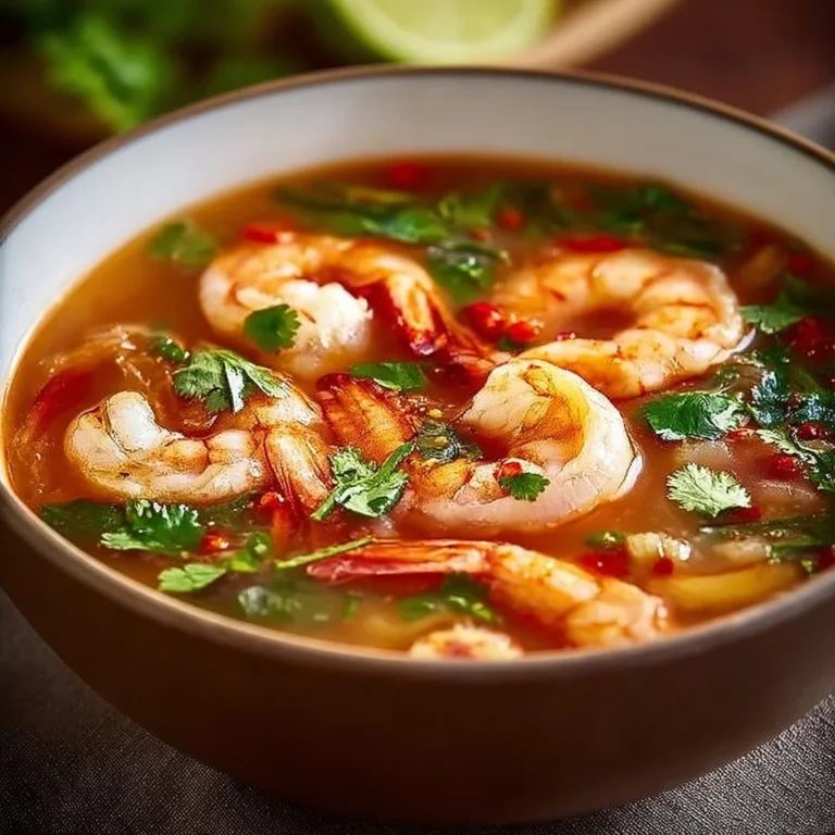 Delicious bowl of quick and spicy shrimp soup garnished with herbs.