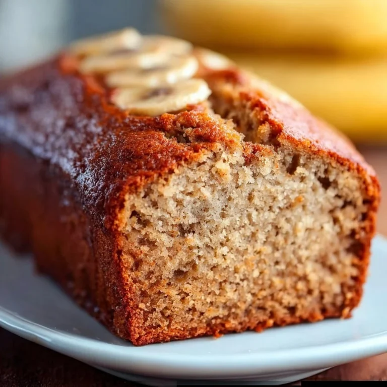 Quick low calorie banana bread loaf with sliced bananas on top.