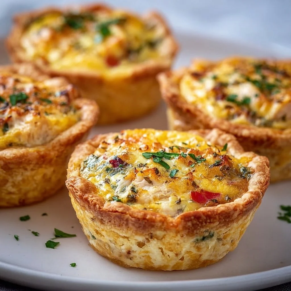 Delicious mini chicken quiches baked in muffin tins, perfect for parties