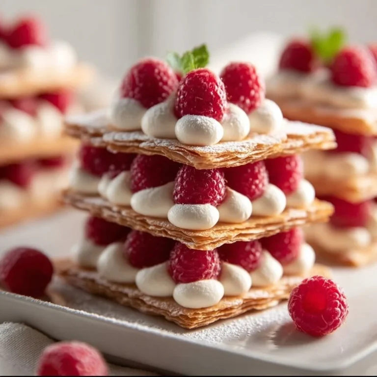 Raspberry Cream Napoleons with layers of pastry, cream, and fresh raspberries
