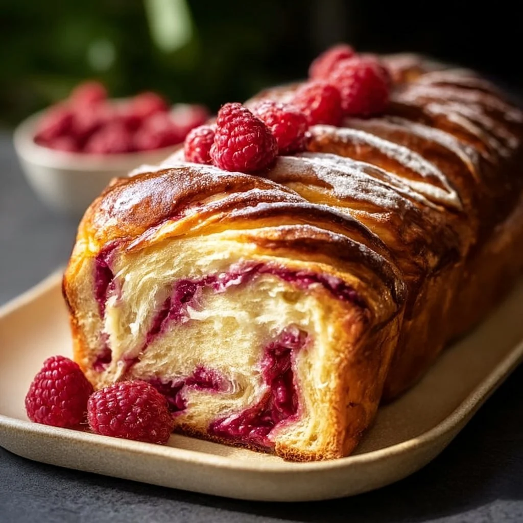 Freshly baked Raspberry Swirl Brioche Loaf with vibrant raspberry filling