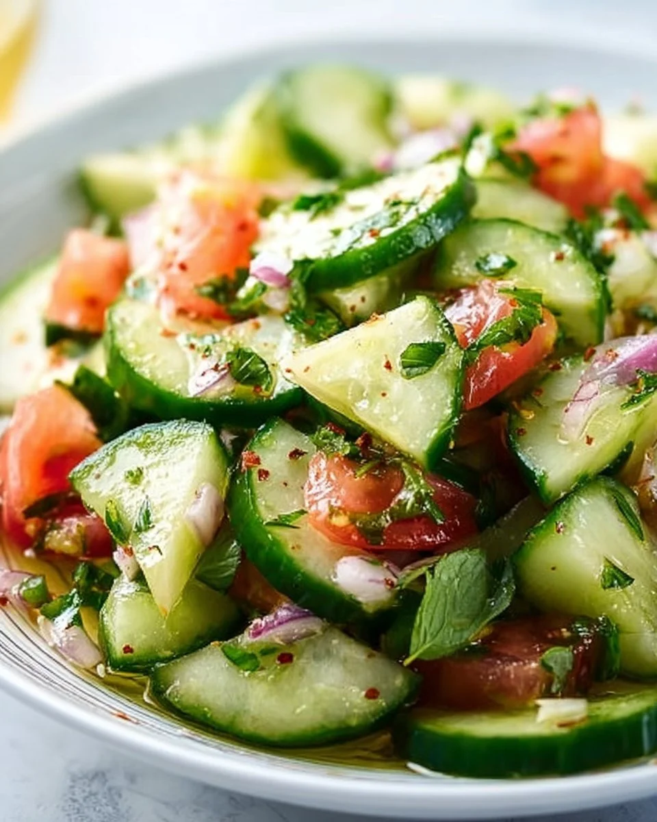 Dish of refreshing Italian cucumber salad with vibrant vegetables and dressing