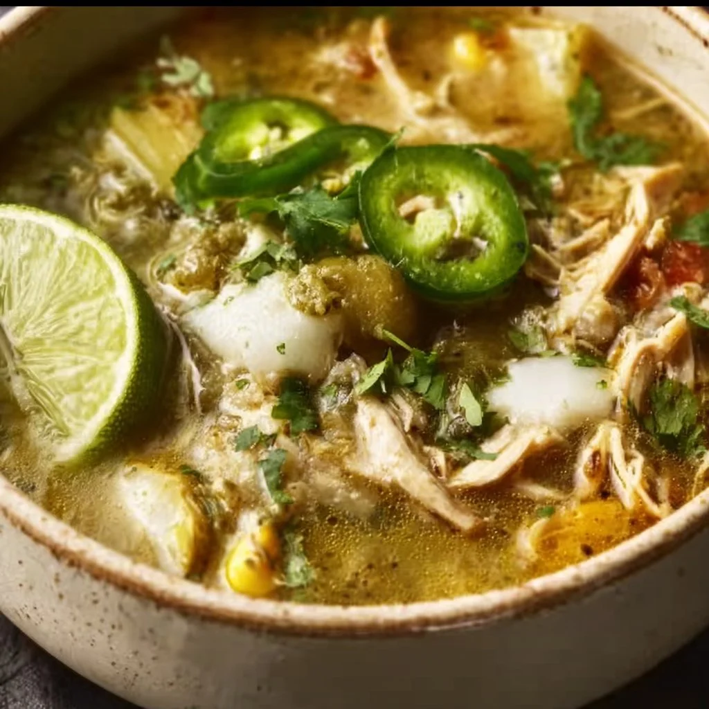 Bowl of rich, hearty dairy-free green chicken chili soup
