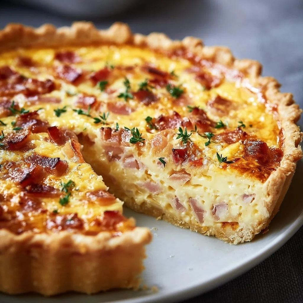Savory bacon and cheese quiche served on a plate