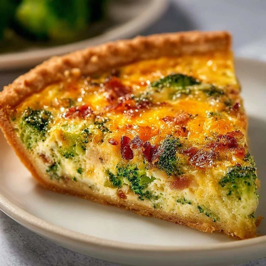 Savory Bacon Broccoli Cheddar Quiche with crispy bacon and fresh broccoli
