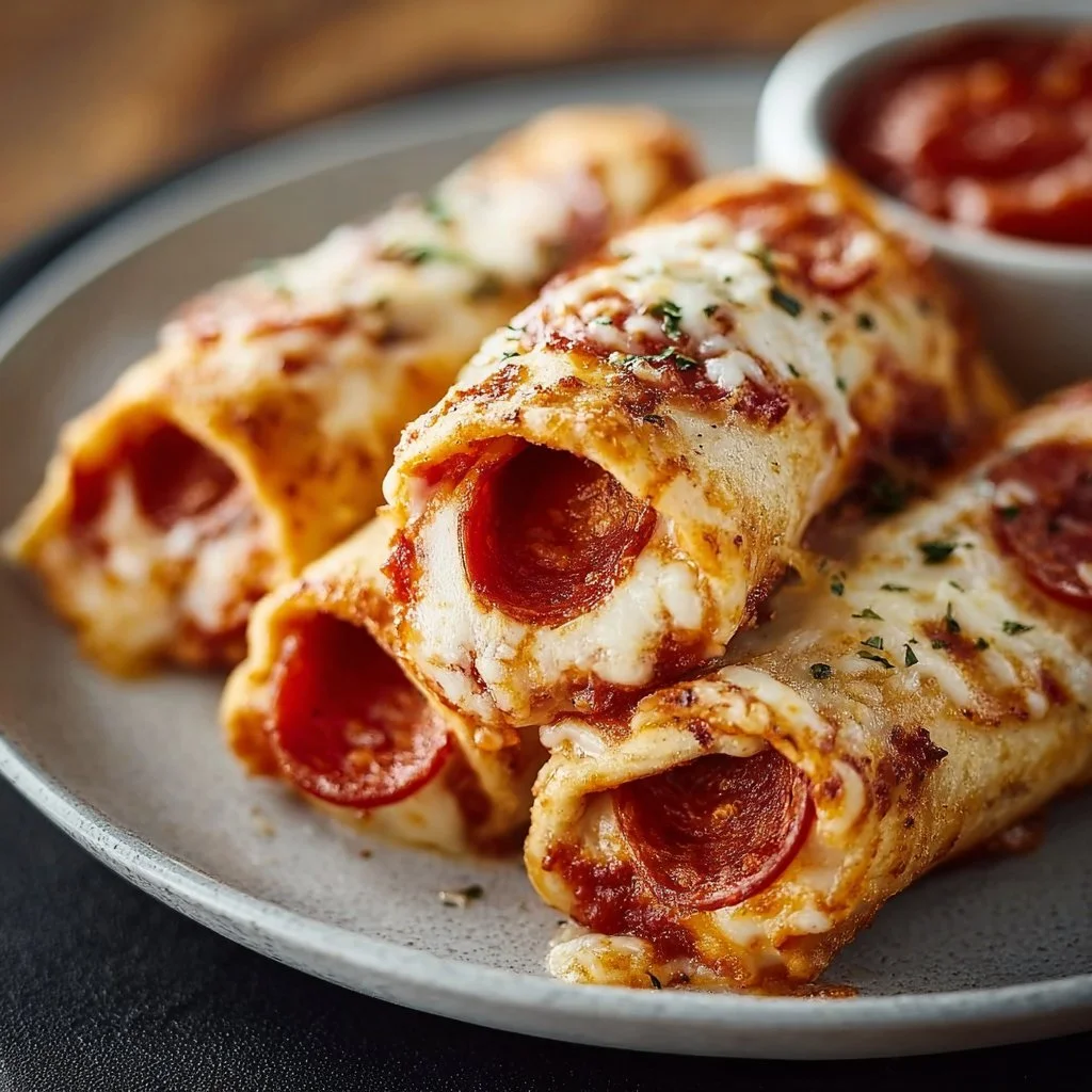 Savory cheesy pepperoni pizza roll ups served on a plate