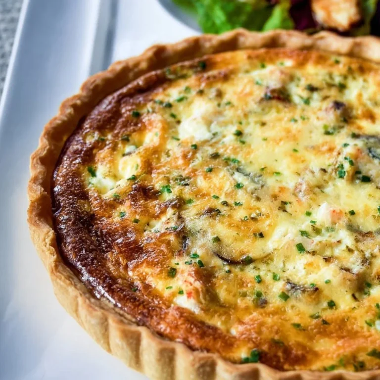 Delicious Seafood Quiche with shrimp, crab, and herbs baked to perfection.