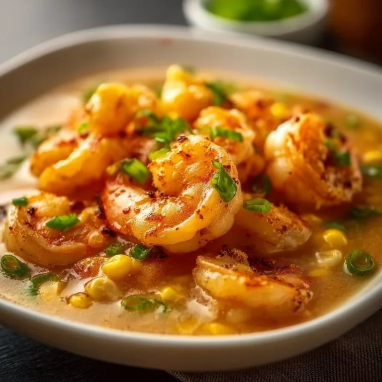 Bowl of Shrimp Corn Soup garnished with herbs and served hot.