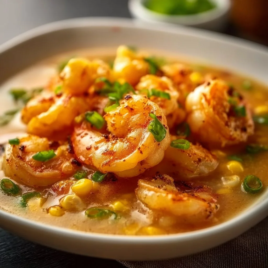Bowl of Shrimp Corn Soup garnished with herbs and served hot.