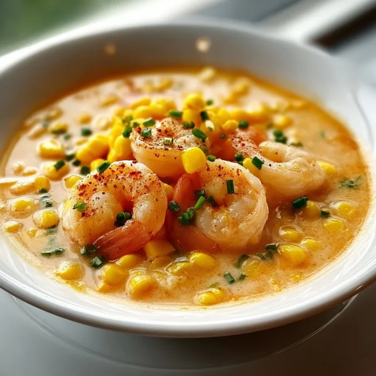 Bowl of delicious shrimp and corn soup garnished with fresh herbs