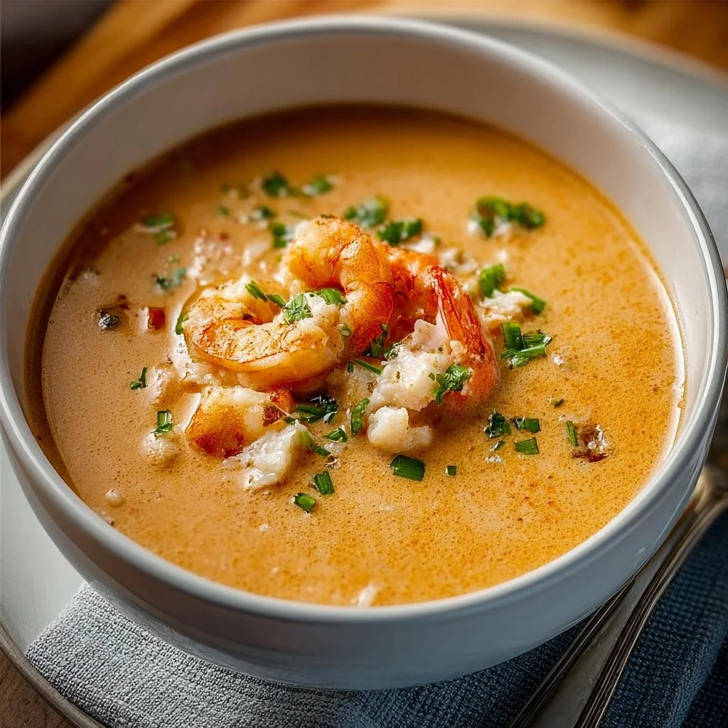 Delicious Shrimp and Crab Seafood Bisque served in a bowl with garnishes