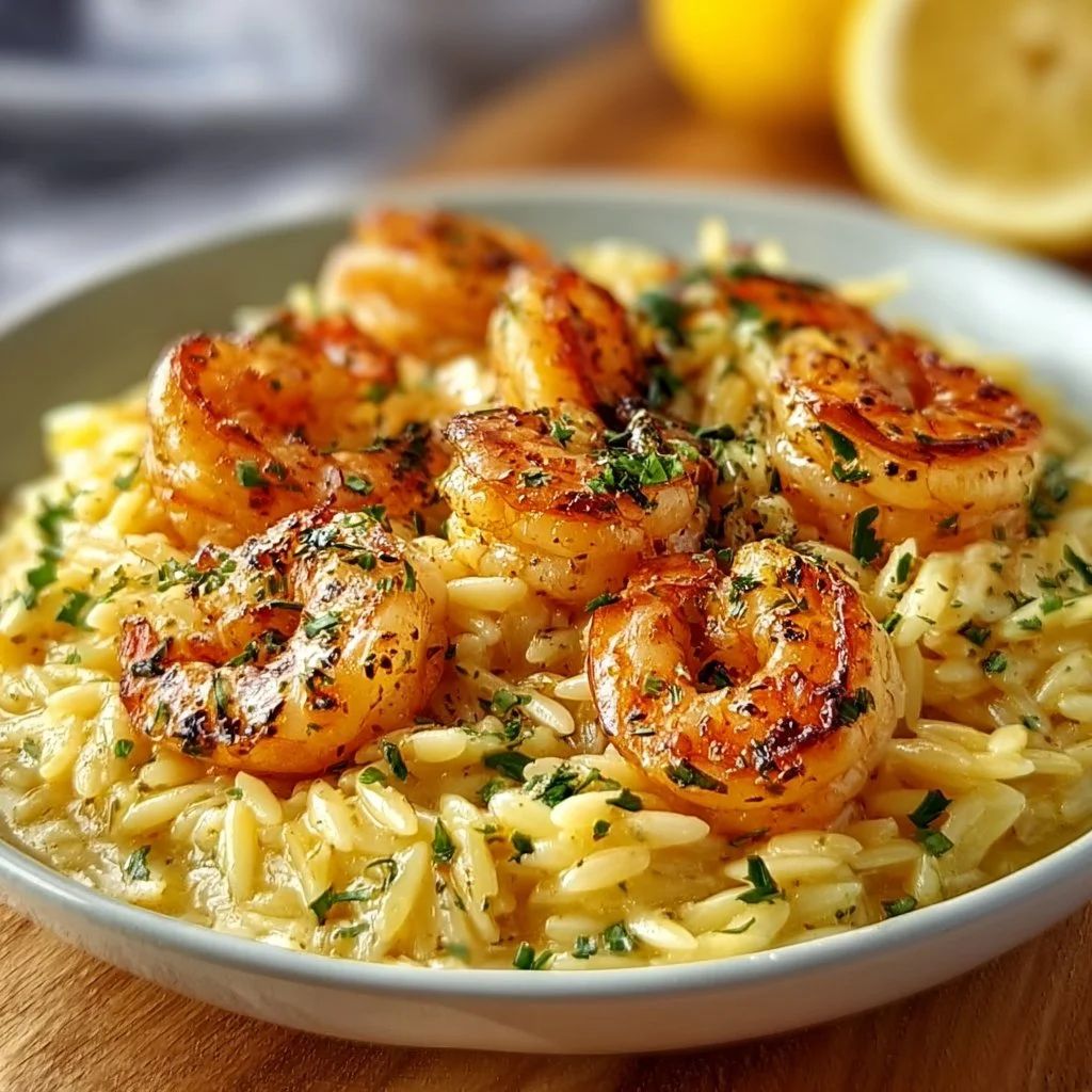 Shrimp and creamy orzo in lemon garlic sauce on a plate