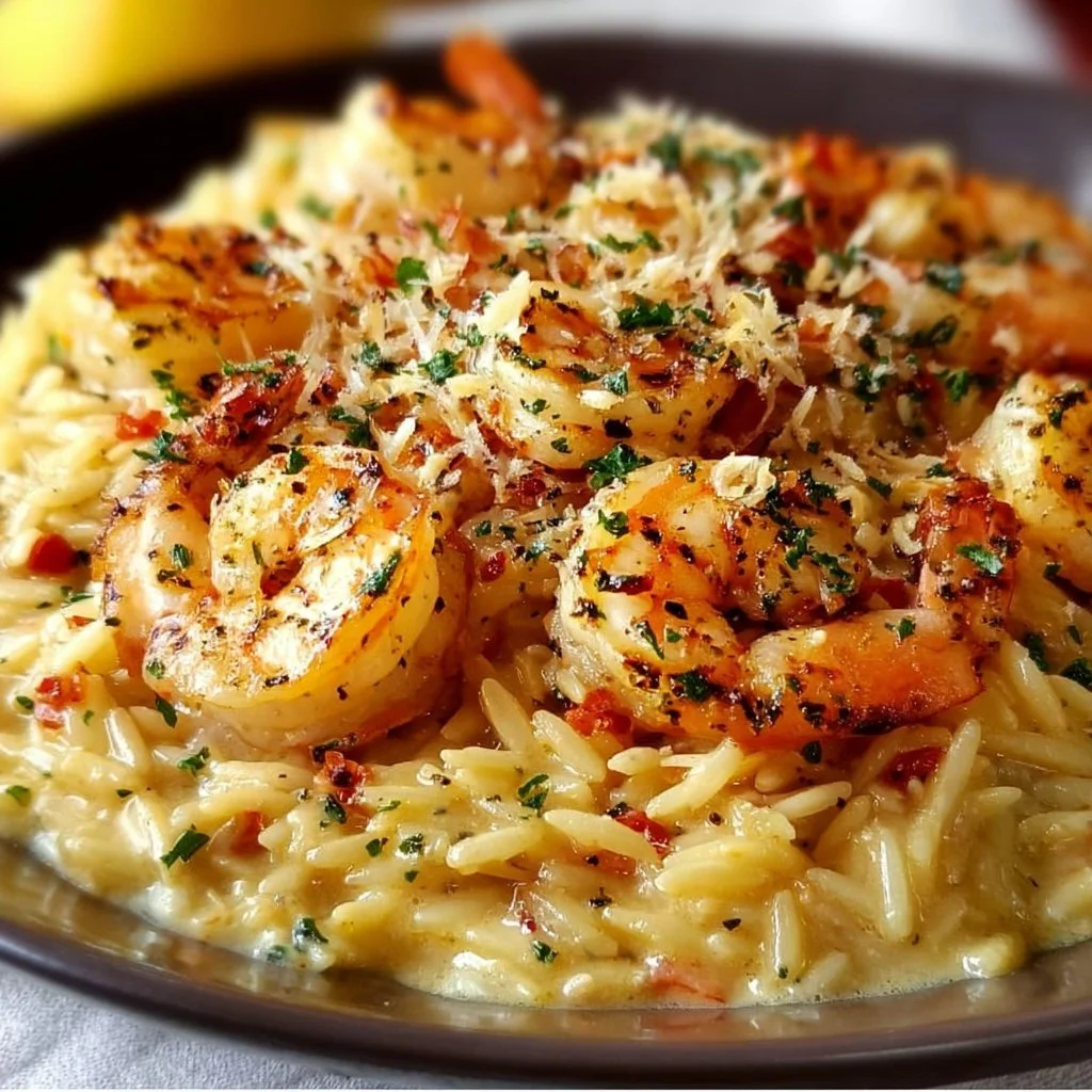 Shrimp and Creamy Orzo in Lemon Garlic Sauce