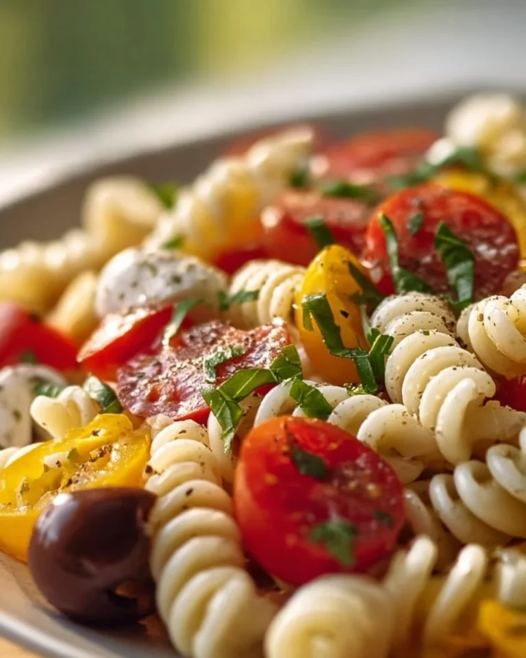 Colorful simple gluten free pasta salad with fresh vegetables and dressing