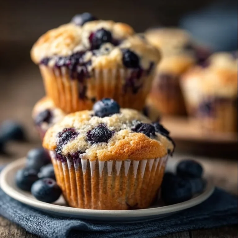 Plate of fresh skinny blueberry muffins with blueberries on top