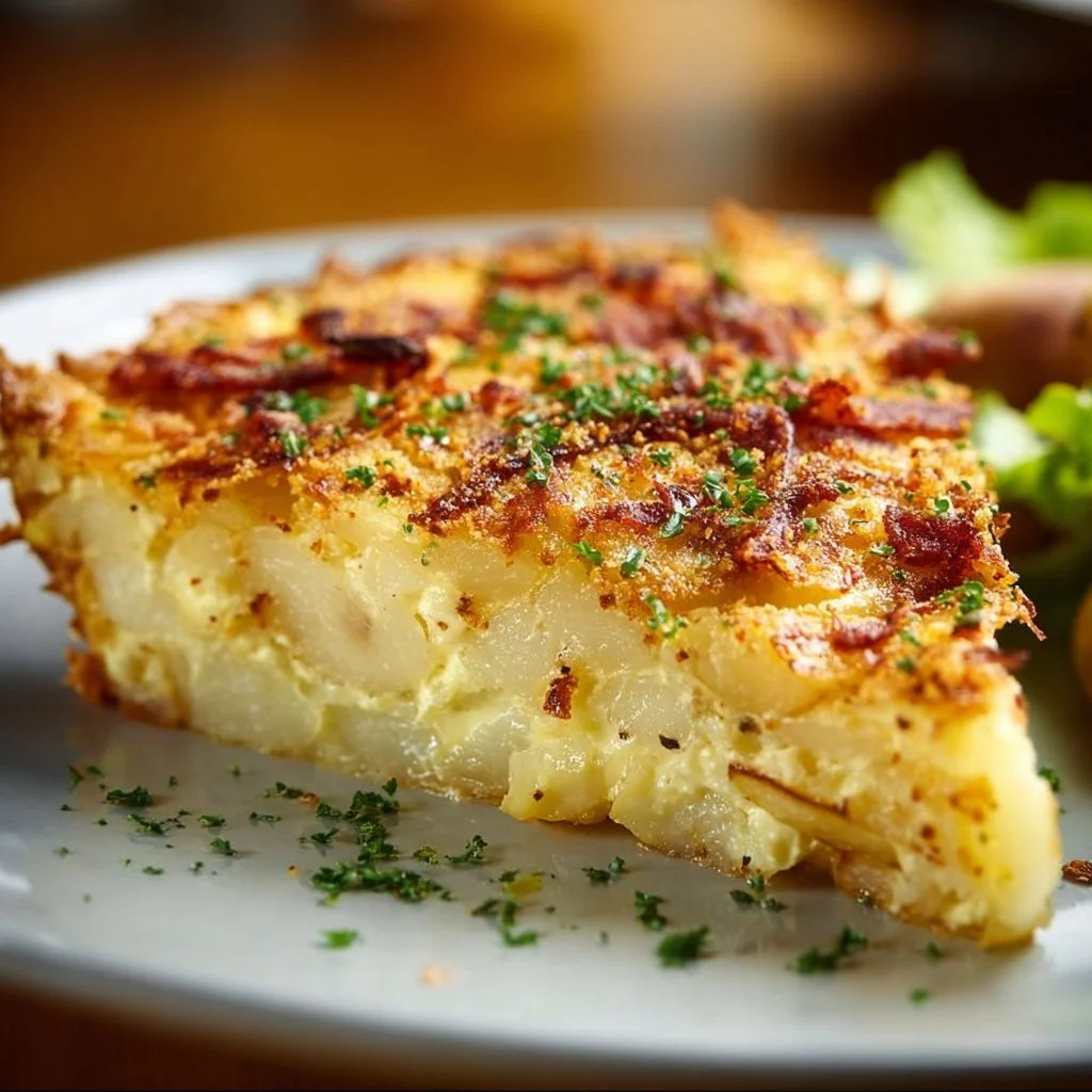 Smashed potato crusted quiche served on a plate with fresh herbs