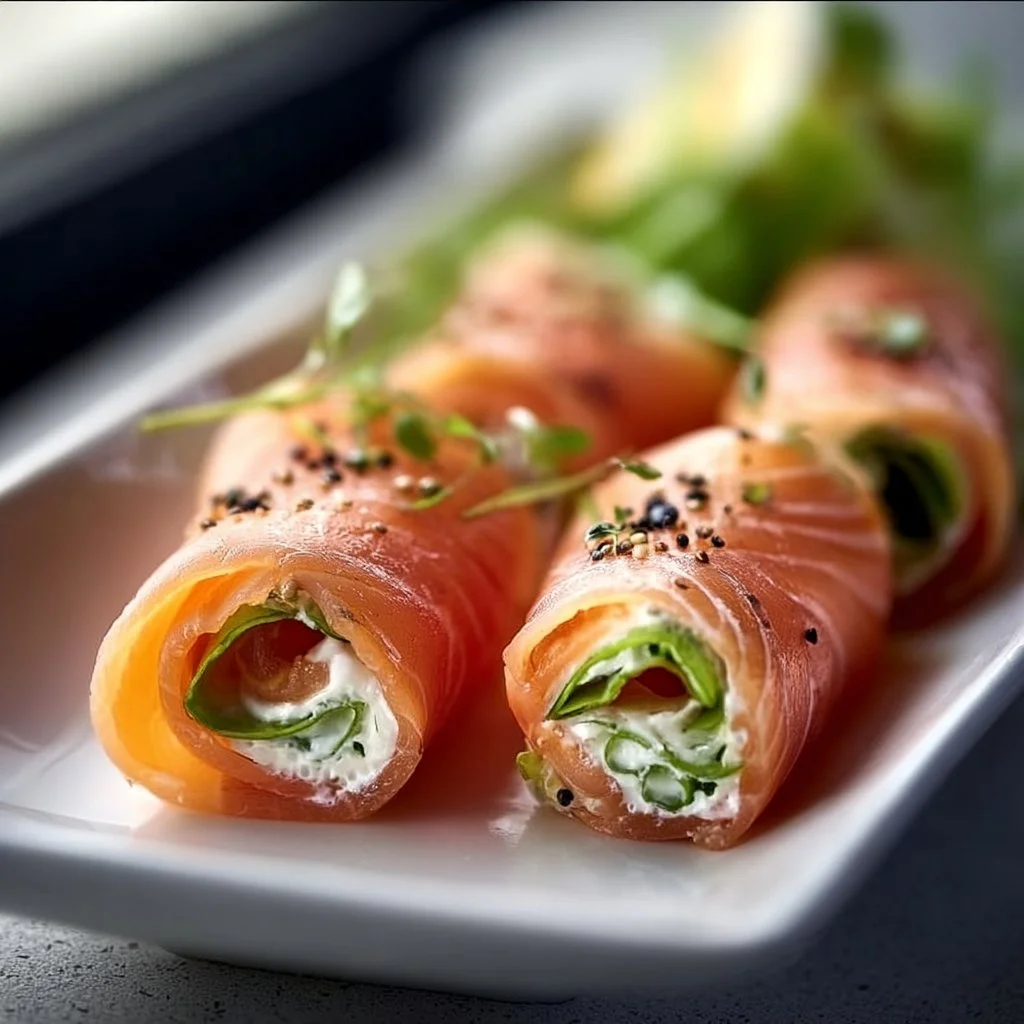 Delicious smoked salmon roll ups served on a plate with fresh garnishes