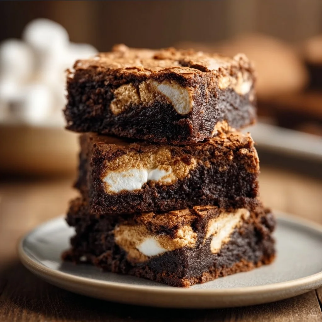 Delicious s'mores brownies topped with marshmallows and graham crackers