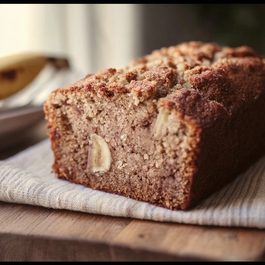 Slice of delicious sourdough banana bread on a wooden cutting board