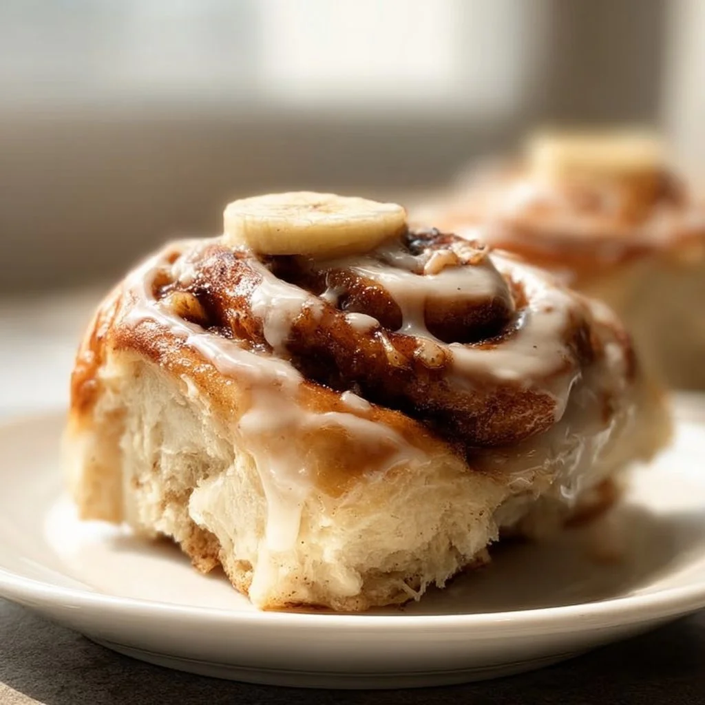 Sourdough banana cinnamon rolls drizzled with icing on a cooling rack.